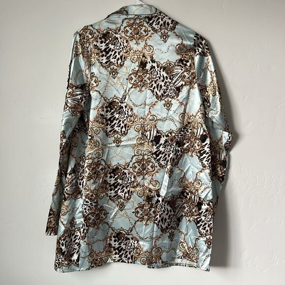Pretty Little Thing Chain Leopard Satin Blazer Blue US Size 2 - Picture 4 of 4